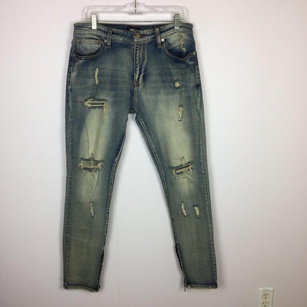 New! Fashion Nova Men Skinny Jeans 34x32 Distressed Ankle Zip Blue Denim Stretch
